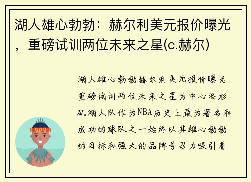 湖人雄心勃勃：赫尔利美元报价曝光，重磅试训两位未来之星(c.赫尔)